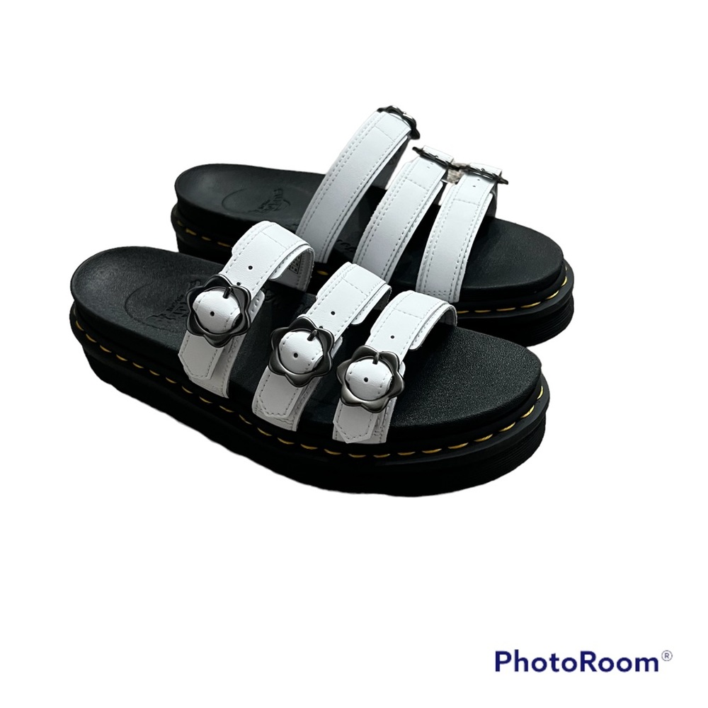 New Dr Martens Blaire White Leather Flower 3-Strap Slide Sandals Womens 9 US L